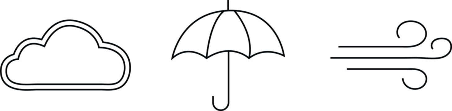 Set of weather icons featuring cloud umbrella and wind line art. Editable thin outline packs. Vector illustration