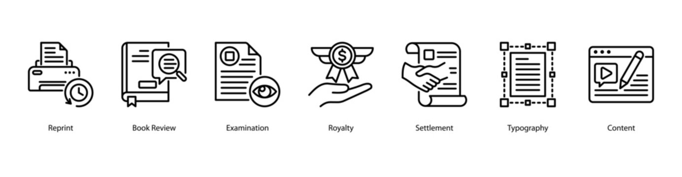 Book Production web banner icon vector illustration featuring Reprint, Book Review, Examination, Royalty, Settlement, Typography, and Content.