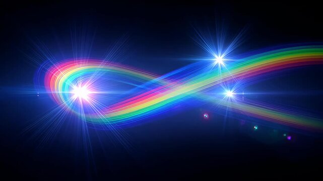 Abstract rainbow light streak with fire texture, smoke, orange glow, blue light flare, bright fire glow, rainbow light trail on dark background