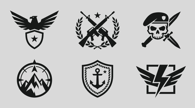 Military Insignia Set: Eagle, Rifles, Skull, Compass, Anchor, Lightning Bolt Icons