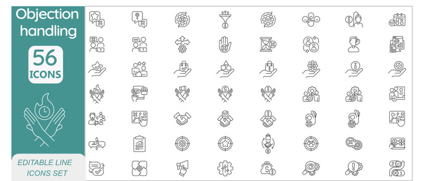 Objection Handling icons set. Includes icons for sales, negotiation, communication, support, solutions, feedback, and customer relations. Editable stroke. Line icons. Perfect for apps and infographics