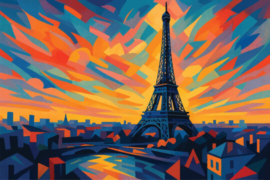 Paris eifel views contemporary creative digital art style, illustration. 