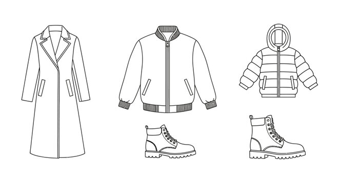 Flat lay of winter clothing and footwear: coat, bomber jacket, puffer jacket, and boots