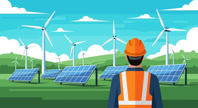 Engineer wearing hard hat and safety vest standing in a renewable energy power plant.