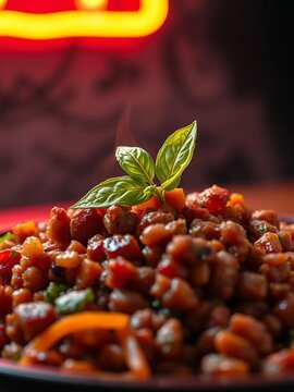 Savory minced meat with holy basil, a vibrant macro shot showcasing intense flavor Editorial high-key studio presentation,  spicy,  editorial
