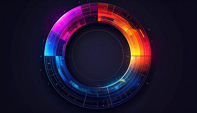 Vibrant circular data visualization with colorful gradient sectors and grid pattern