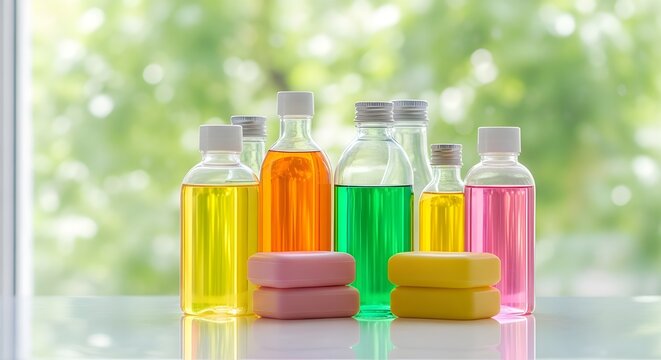 Assorted colorful liquid soaps and solid soap bars arranged on a white surface near a window