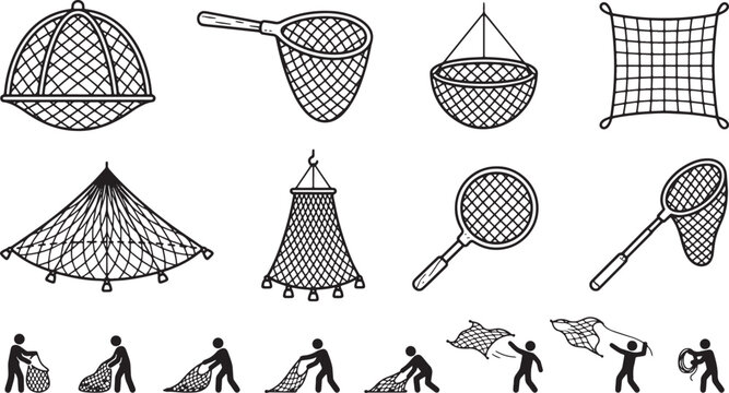 Various Fishing Nets, Traps, and Fisherman Silhouette Line Art Vector Set