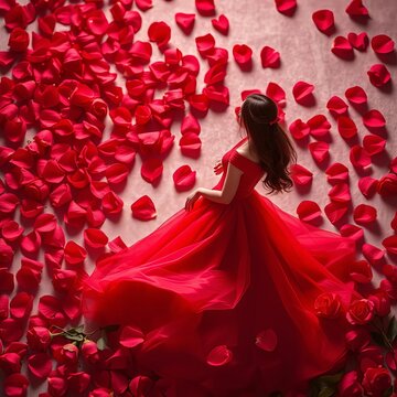 Valentine's Day romance with a loving figure in a red dress amidst scattered rose petals,  devotion,  elegant