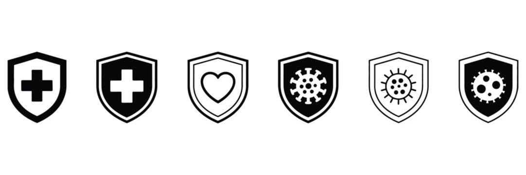 Health shield protection icons showcasing antibacterial and immune defense concepts with red cross, plus, heart, virus, and shield graphics. Medical care vector illustration.