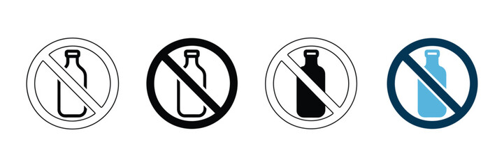 Set of four no alcohol bottle icons featuring prohibition signs and beverage containers in various minimalist styles for safety and policy signage