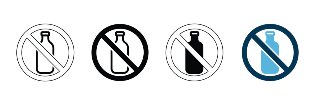 Set of four no alcohol bottle icons featuring prohibition signs and beverage containers in various minimalist styles for safety and policy signage