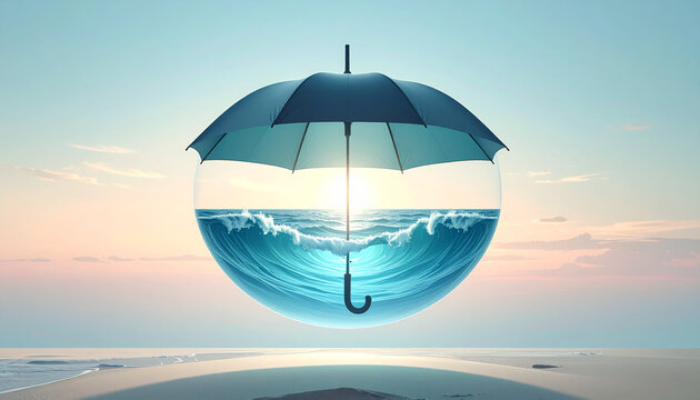 Umbrella Protecting Ocean Waves on Serene Beach at Sunset
