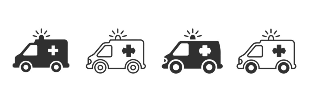 Ambulance Icon Set Featuring Emergency Truck and Ambulance Car Vector Illustrations for Medical Services