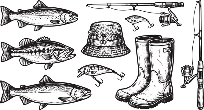 Vintage Engraving Style Fishing Gear and Freshwater Fish Vector Illustration Set