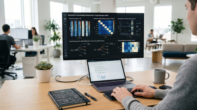 Software engineer analyzing AI model data in modern open office