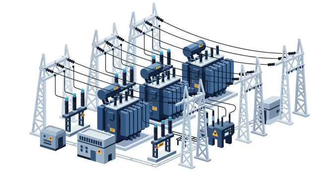 Isometric view of a high voltage electrical power substation with transformers.