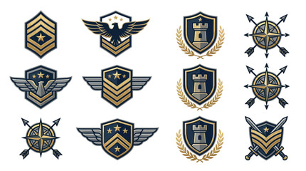 Obraz premium Military Badges, Emblems, and Insignia Vector Set: Army, Navy, Air Force, Ranks