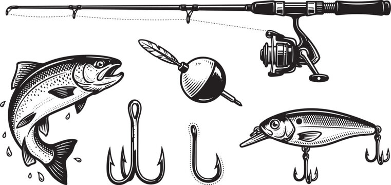 Vintage Engraving Style Fishing Gear and Leaping Trout Vector Illustration Set
