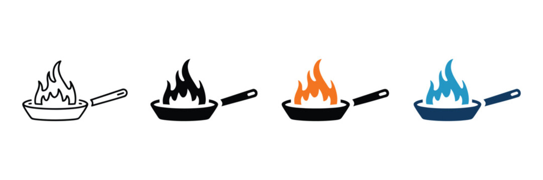 Set of frying pan icons with flaming fire flames for cooking and kitchen design elements in minimalist flat style isolated on white background