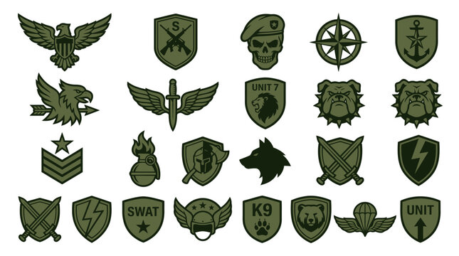 Military Emblems and Insignia Collection: Eagles, Shields, Animals, Weapons