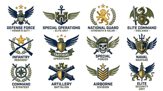 Military Emblems and Insignia Set: Elite Units, Special Forces, Navy, Air Force
