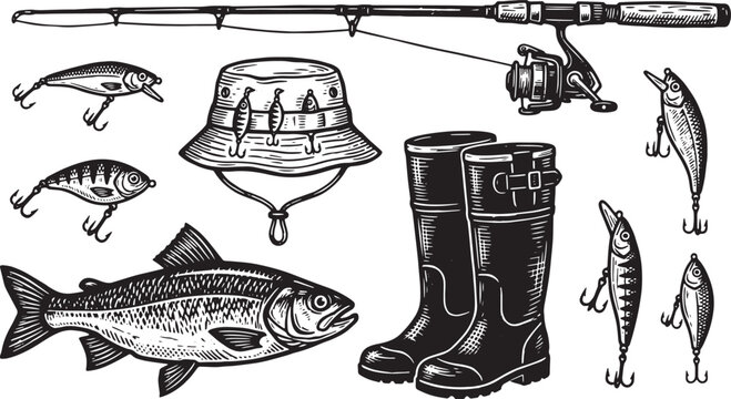 Vintage Engraving Style Fishing Gear, Tackle, and Trout Vector Illustration Set