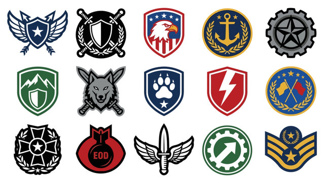 Military Insignia Collection: Emblems with Shields, Wings, Eagle, Wolf, Anchor, Gear