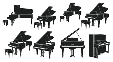 Collection of Grand and Upright Piano Silhouettes with Stools © Sisil
