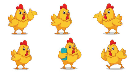 Fototapeta premium Cute Cartoon Chicken Collection: Waving, Thumbs Up, Running, Holding Bottle