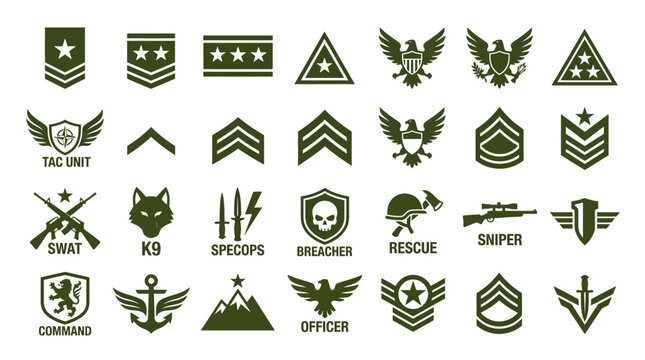 Military Insignia Icons: Ranks, Emblems, and Badges - Olive Green Collection