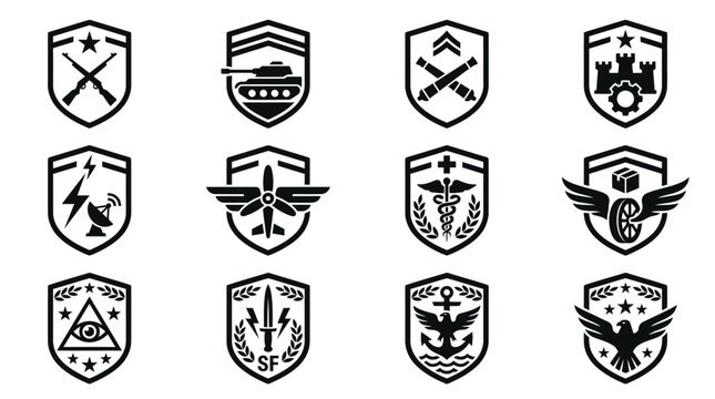 Military Insignia Icons Set - Shields with Emblems: Army, Tank, Air Force, Navy, Medical, Logistics