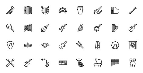 Music Instruments_9563 icon set. Minimal thin line icons pack. Featuring trumpet, accordion, harp, violin, piano, flute, guitar, drum, saxophone, banjo, cymbal, horn, tambourine and more. © wang