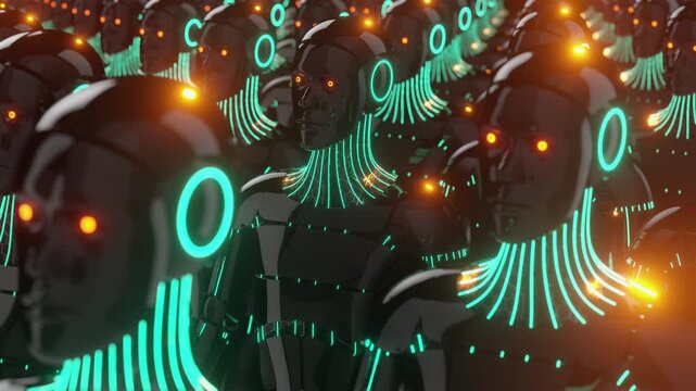 Seamless 3d animation loop of an army of identical futuristic androids. Abstract visualization of artificial intelligence, cloning and technology evolution. Cinematic sci-fi for tech projects.