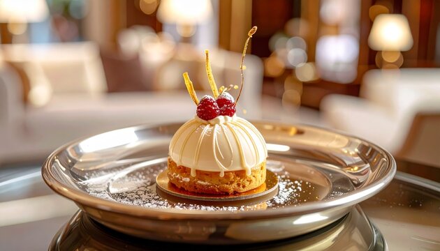 A delicate gourmet petit four with intricate white glaze and raspberry topping served on a silver plate