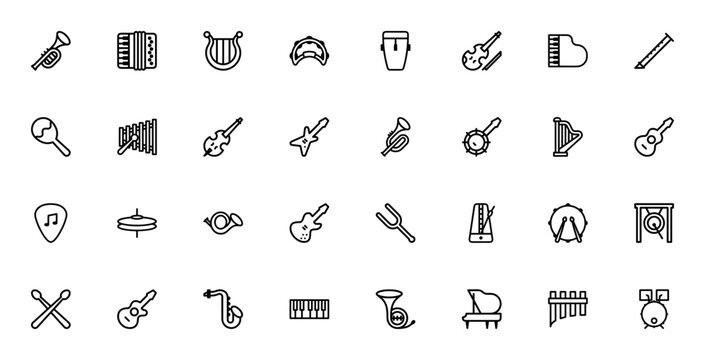 Music Instruments_9563 icon set. Minimal thin line icons pack. Featuring trumpet, accordion, harp, violin, piano, flute, guitar, drum, saxophone, banjo, cymbal, horn, tambourine and more.