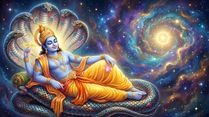 Fototapeta premium Lord Vishnu sleeping on Shesha Naga with cosmic background