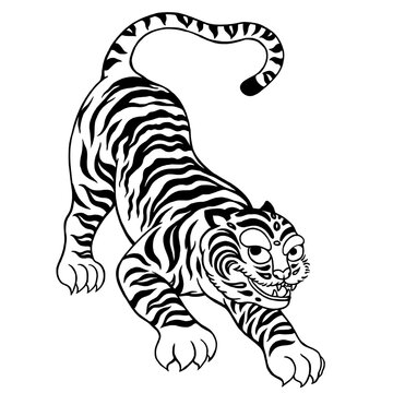 Traditional Korean Folk Art Tiger Illustration, Vintage Engraving Style Vector Graphic