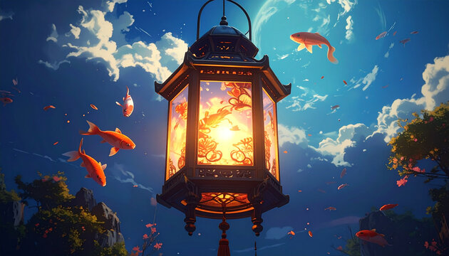 Asian lantern with goldfish flying around in sunny sky