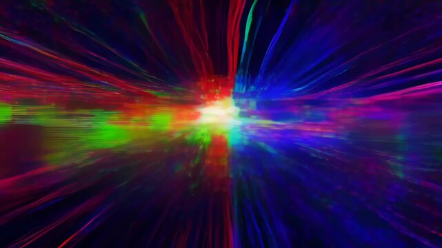 Glitch digital effect with colourful horizontal light streaks, abstract energy and neon line pattern dark background, horizontal motion blur, abstract light burst, SEO searchable abstract visual title