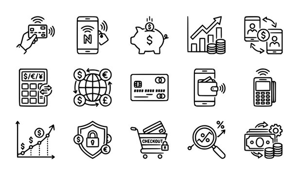 Banking and Digital Payment Line Icons with P2P Transactions and Currency Conversion Vector Set