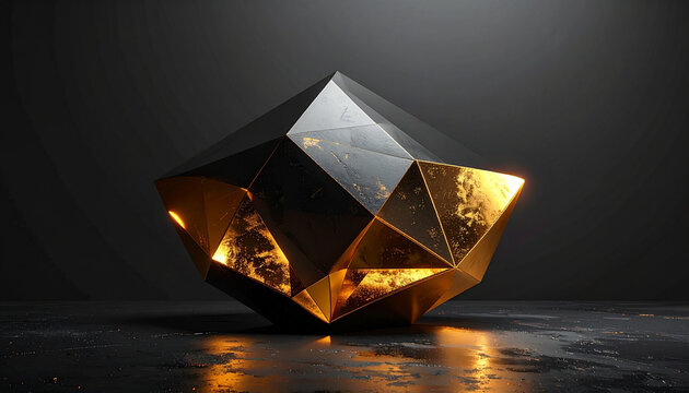 Large geometric crystal with golden inner light on dark surface