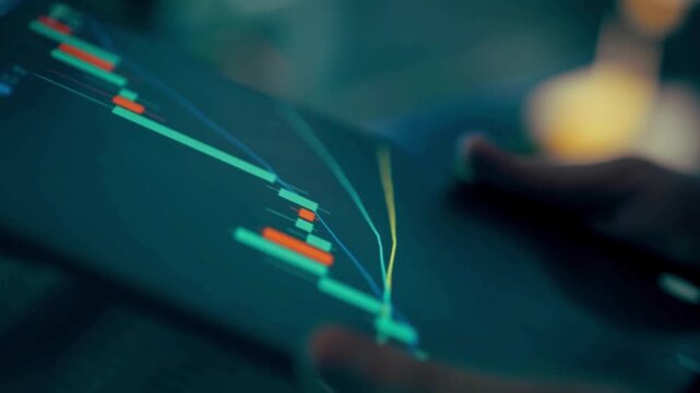 Hands analyzing stock market data on a digital tablet