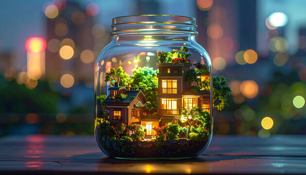 Miniature house in a glass jar with city lights at night