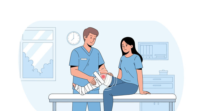 Doctor examines patient's injured leg with cast in clinic setting