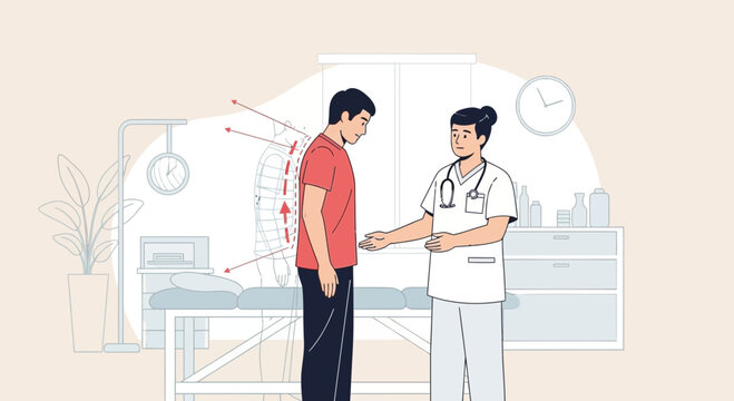 Doctor Examines Patient's Scoliosis or Spinal Curvature in Clinic