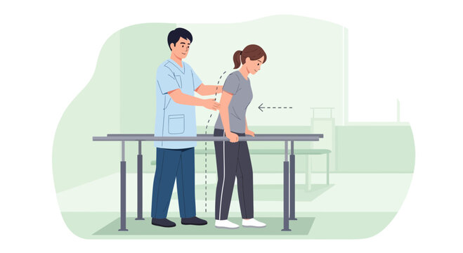 Physical therapy patient walking with therapist support in parallel bars