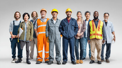 Fototapeta premium Diverse group of construction workers and laborers standing together on white background
