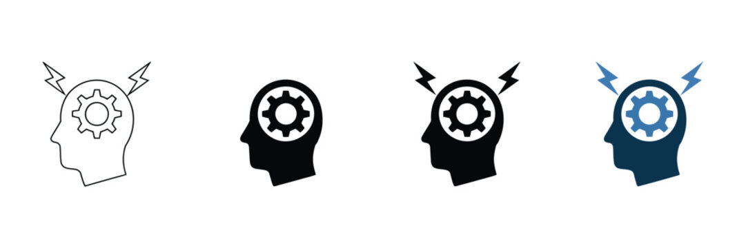 Set of four human head profile icons with gear and lightning bolt symbols representing mental processing and idea generation