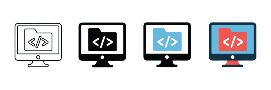 Set of four computer monitor icons featuring code folder symbols in linear solid flat and colorful design styles for web development projects